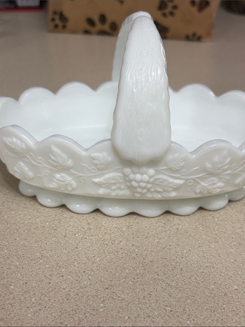 Vintage Westmoreland milk glass small oval basket featuring  Grape Pattern